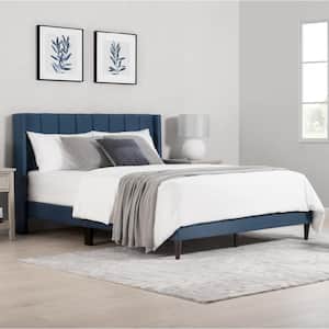 Aldrich Blue Wood and Metal Frame Upholstered Queen Wingback Platform Bed with Channel Tufting Queen Bed Frame