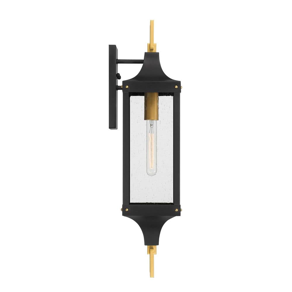Matte Black and Brass Outdoor Wall Lantern with Seeded Glass
