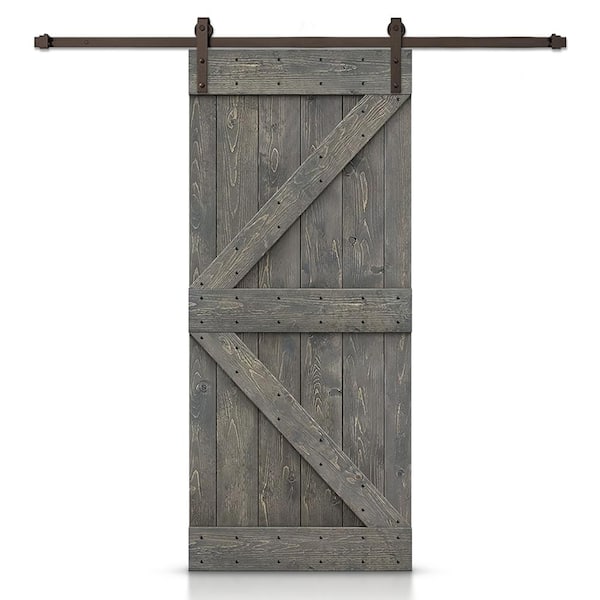 CALHOME Distressed K 30 in. x 84 in. Weather Gray Stained DIY Solid Pine Wood Interior Sliding Barn Door with Hardware Kit