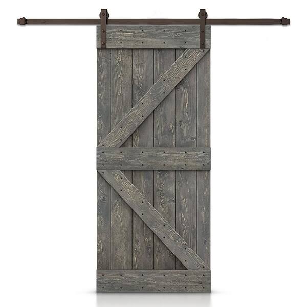 CALHOME Distressed K Series 32 in. x 84 in. Weather Gray Stained DIY Wood Interior Sliding Barn Door with Hardware Kit