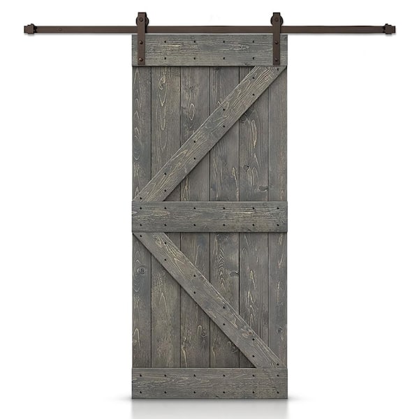 CALHOME Distressed K Series 32 in. x 84 in. Weather Gray Stained DIY Wood Interior Sliding Barn Door with Hardware Kit