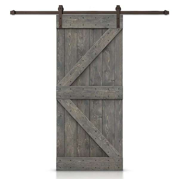 CALHOME Distressed K Series 34 in. x 84 in. Weather Gray Stained DIY Wood Interior Sliding Barn Door with Hardware Kit