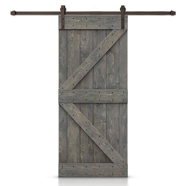 CALHOME Distressed K Series 40 in. x 84 in. Weather Gray Stained DIY Wood Interior Sliding Barn Door with Hardware Kit