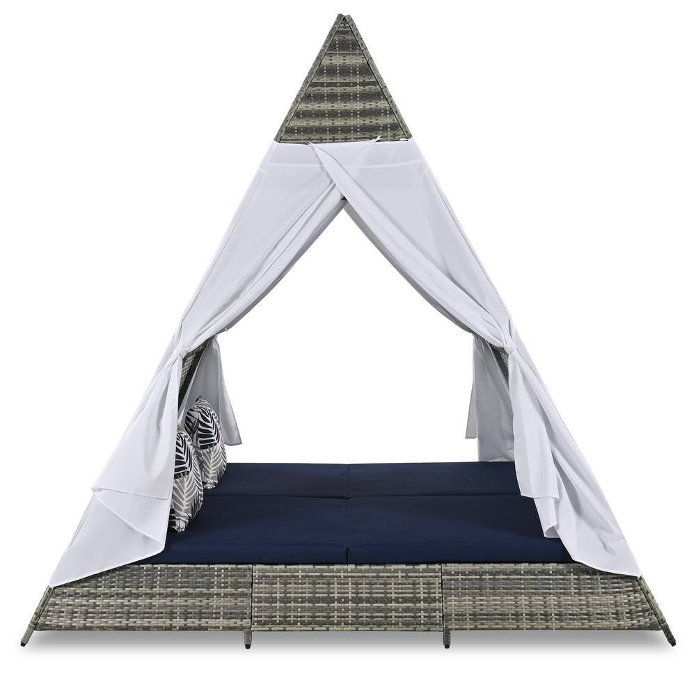 PE Wicker Outdoor sunbed Day Bed with colorful pillows, Cushions, tent shape for garden poolside terrace gray and blue price history on PriceWatchPro