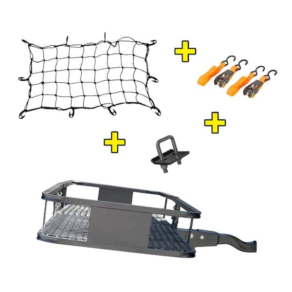 Photo 1 of 500 lbs. Capacity Hitch Mount Cargo Carrier with Folding Shank and 2 in. Raise, Cargo Net and Ratchet Straps