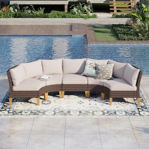 Brown Rattan Wicker 5 Seat 5-Piece Steel Patio Outdoor Sectional Set with Beige Cushions