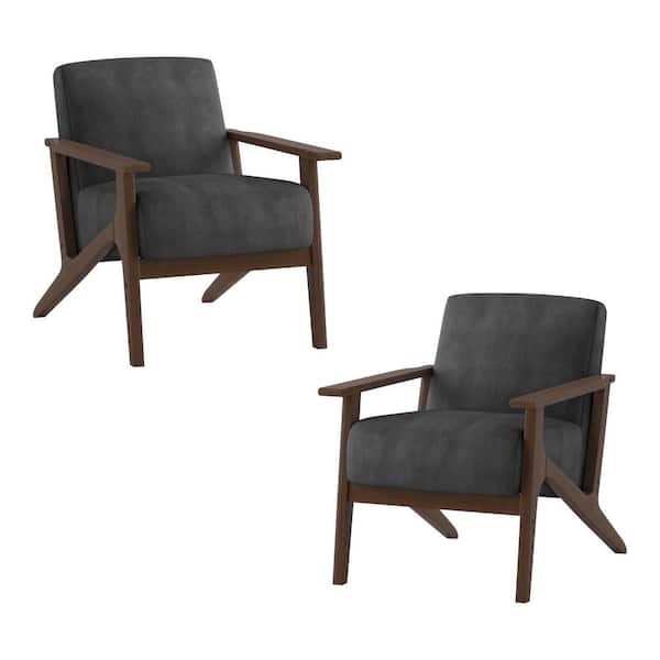 EVERGLADE HOME Malibu Dark Gray Velvet Upholstered Solid Wood Walnut Finish Accent Chair (Set of 2)