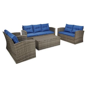 5-Piece Wicker Patio Sectional Sofa Set with Blue Cushions