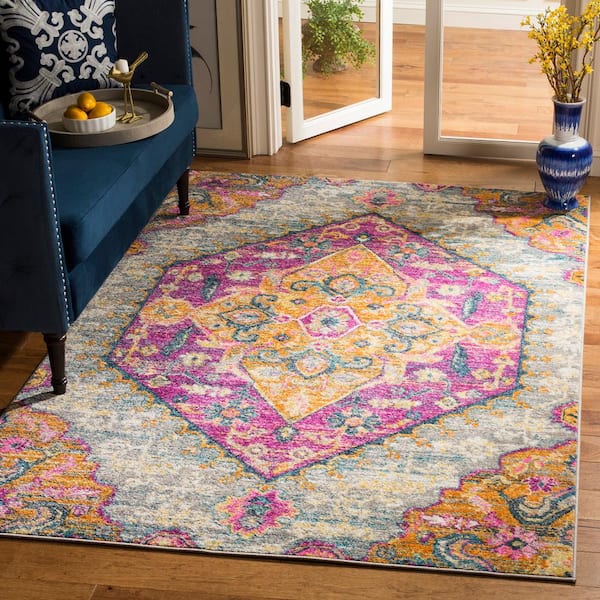 Madison Light Gray/Fuchsia 8 ft. x 10 ft. Bohemian Medallion Area Rug