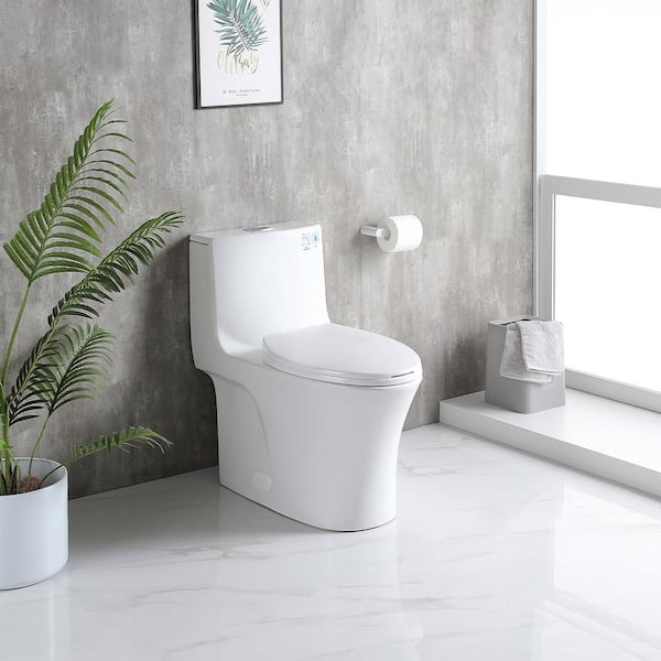 15 inch 1.1/1.60 GPF Dual-Flush Elongated 1-Piece Toilet in Glossy White with Soft Closing Seat