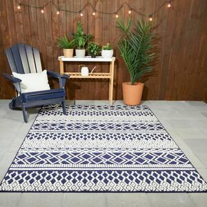 Tribal Pattern Navy/White 5 ft. x 7 ft. Striped Indoor/Outdoor Patio Area Rug