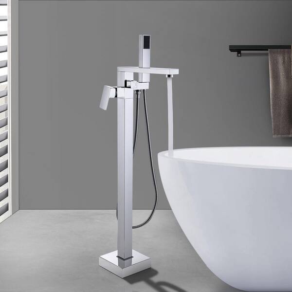 Single-Handle High Flow Floor Mount Freestanding Tub Faucet with Hand Shower in Chrome