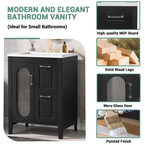 24 in. Single Sink Black Bath Vanity with White Ceramic Top (Self Assembly Needed)