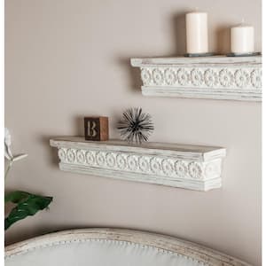 36 in.  x 6 in. White Intricate Carved 1 Shelf Wood Floral Wall Shelf