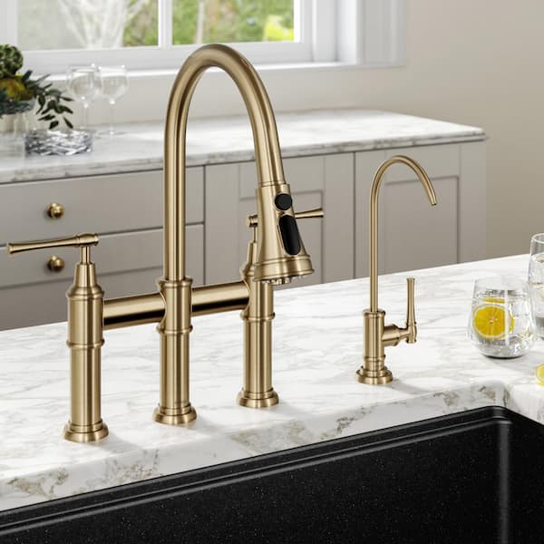 Allyn Double-Handle Transitional Bridge Kitchen Faucet and Beverage Faucet in Brushed Gold