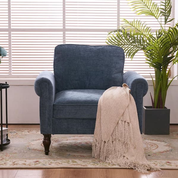 Outopee Gray-Blue Chenille Solid Wood Gourd Foot Accent Chair