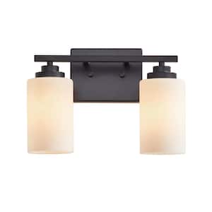 13 in. 2-Light Black Vanity Light with Frosted White Glass Shade