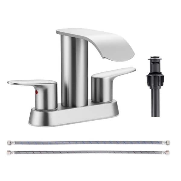 AVITAS 4 in. Centerset Double Handle Waterfall Bathroom Faucet with Drain Kit and Supply Lines Included in Brushed Nickel