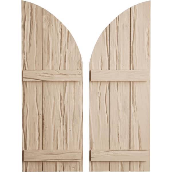 Ekena Millwork 16-1/2 in. x 58 in. Polyurethane Riverwood Three Board Join.ed Board-n-Batten Quarter Arch Top Shutters Primed Tan