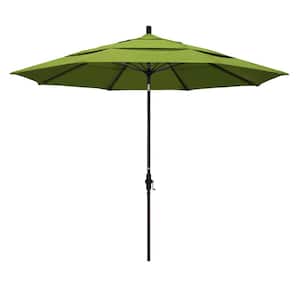 11 ft. Bronze Aluminum Market Patio Umbrella with Fiberglass Ribs Collar Tilt Crank Lift in Macaw Sunbrella