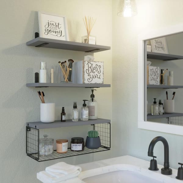 Bathroom Shelves Over Toilet, Floating Bathroom Shelves Wall Mounted with  Wire Basket, Wood Floating Shelf for Wall Décor, Bathroom Wall Décor Shelves,  Wall Shelves for Bathroom–Rustic Black 