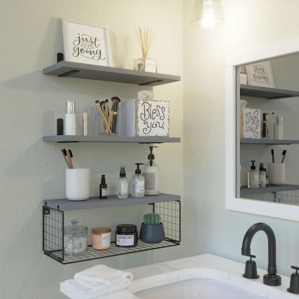 16.5 in. W x 6 in. D Grey Wood Floating Bathroom Shelves Wall Mounted with Wire Basket Decorative Wall Shelf