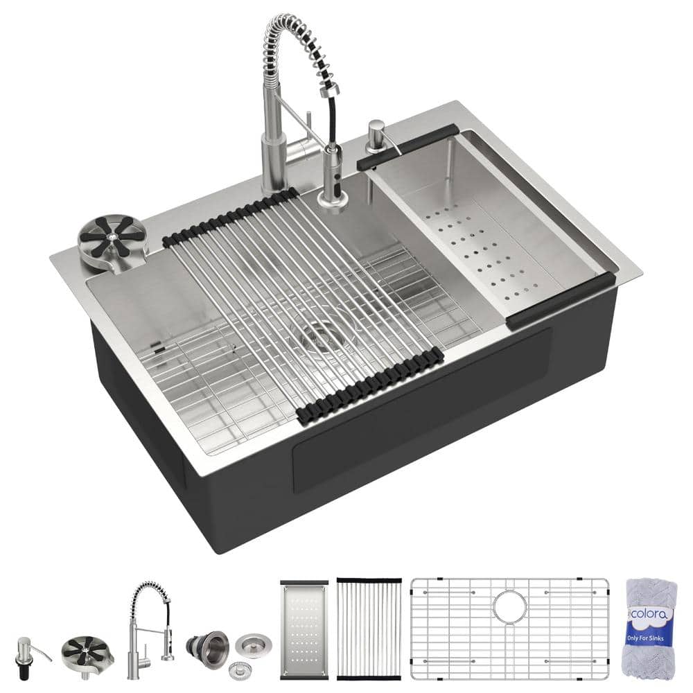 "36"" Workstation Drop-In Kitchen Sink with Pull Out Faucet, 16 Gauge 304 Stainless Steel Single Bowl All In One Sink Set" price history on PriceWatchPro
