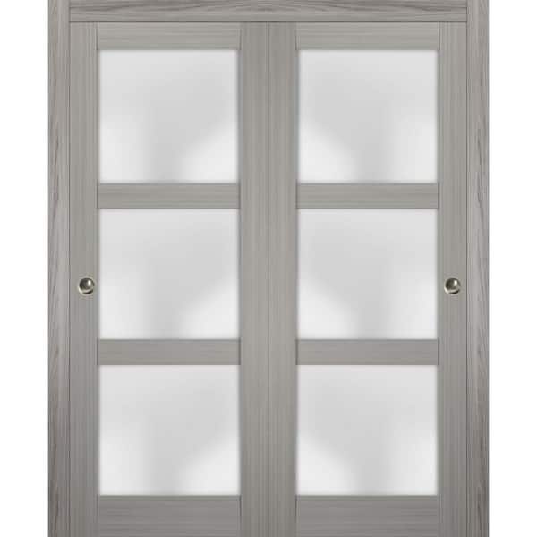 Sartodoors 2552 36 in. x 80 in. 3 Panel Gray Finished Pine Wood Sliding Door with Closet Bypass Hardware