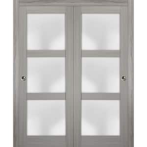 36 in. x 84 in. 3-Panel Gray Finished Pine Wood Sliding Door with Closet Bypass Hardware
