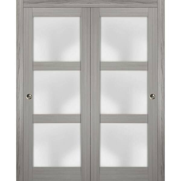 Sartodoors 2552 48 in. x 96 in. 3 Panel Gray Finished Pine Wood Sliding Door with Closet Bypass Hardware