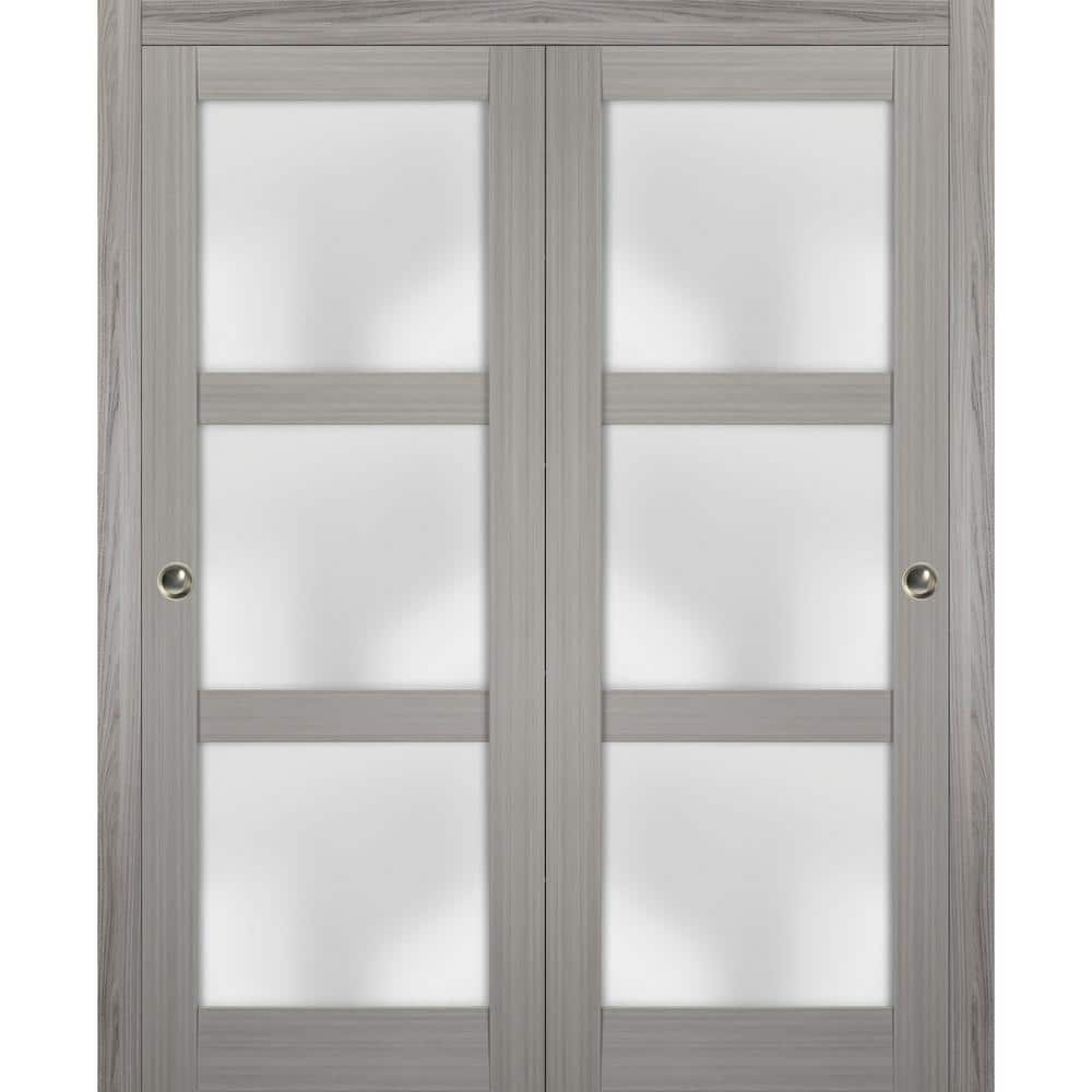 Sartodoors 2552 60 in. x 80 in. 3 Panel Gray Finished Pine Wood Sliding Door with Closet Bypass Hardware -  2552DBDSSS60