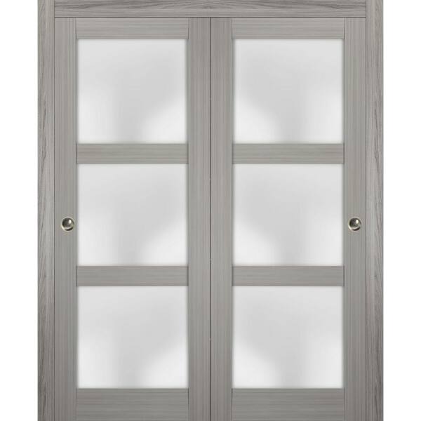 72 in. x 84 in. 3-Panel Gray Finished Pine Wood Sliding Door with Closet Bypass Hardware