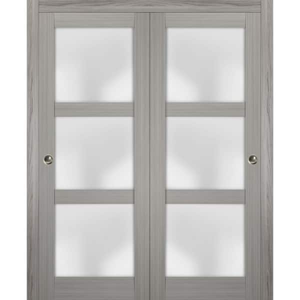 72 in. x 96 in. 3-Panel Gray Finished Pine Wood Sliding Door with Closet Bypass Hardware