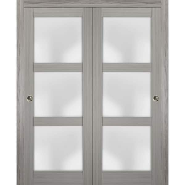 Sartodoors 72 in. x 96 in. 3-Panel Gray Finished Pine Wood Sliding Door with Closet Bypass Hardware