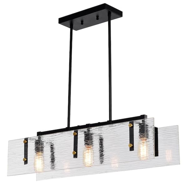Edvivi Luster Contemporary 3-Light Black and Antique Gold Kitchen Island Chandelier with Verre Strie Glass