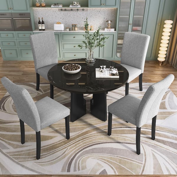 Harper & Bright Designs 5-Piece Gray and Black MDF Top and Beautiful Marble Texture Round 4-Dining Table Set Seats with 4-Upholstered Chairs