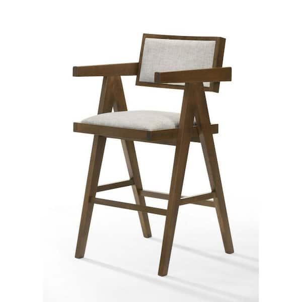 Benjara 34 in. Brown and Beige Low Back Wooden Frame Counter Stool with Fabric Seat