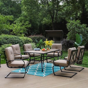 Black 7-Piece Metal Patio Outdoor Dining Set with Wood-Look Umbrella Table and C-Spring Chairs with Beige Cushions