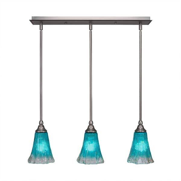 Unbranded Livingston 100-Watt 3 Light Brushed Nickel, Linear Pendant Light with 5.5 in. Teal Crystal Glass Shade No Bulbs Included
