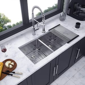 33 in. L x 19 in. W Undermount Double Bowls 18-Gauge Stainless Steel Kitchen Sink in Brushed Nickel