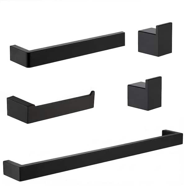 Stainless Steel 5-Piece Bath Hardware Set with 24 in. Towel Bar Toilet Paper Holder and 2 Towel Hooks in Matte Black