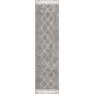 Mercer Shag Plush Tassel Moroccan Tribal Geometric Trellis Grey/Cream 2 ft. x 8 ft. Runner Rug
