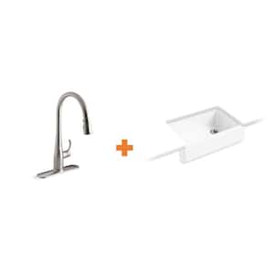 Whitehaven All-in-One Undermount Cast Iron 33 in. Kitchen Sink in White with Faucet in Stainless Steel (2-piece)