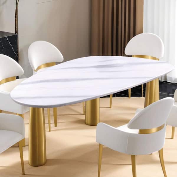 Furniture of America Varand Contemporary White Triangle Sintered Stone Top 79 in. 3 Legs Dining Table Seats 6