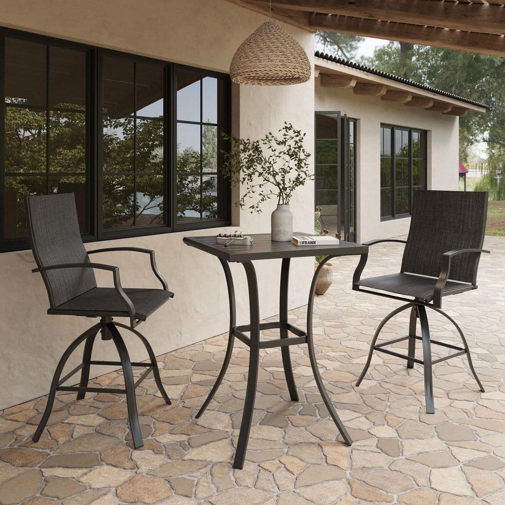 3-Piece Black Steel Frame Outdoor Patio Bar Set with Dark Grey High Swivel Bistro Chairs price history on PriceWatchPro