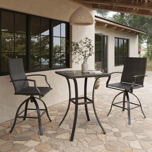 3-Piece Black Steel Frame Outdoor Patio Bar Set with Dark Grey High Swivel Bistro Chairs