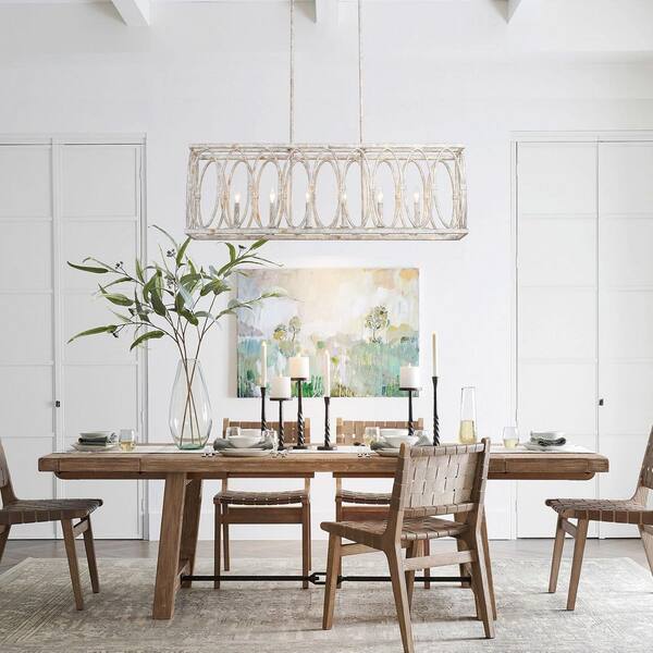 Nicholas 6-Light Vintage Distressed White Rectangular Lantern Large Chandelier for Dining Room
