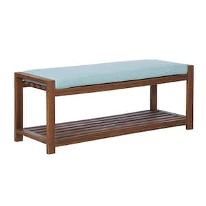 Dark Brown Wood Outdoor Patio Bench with Blue Cushion