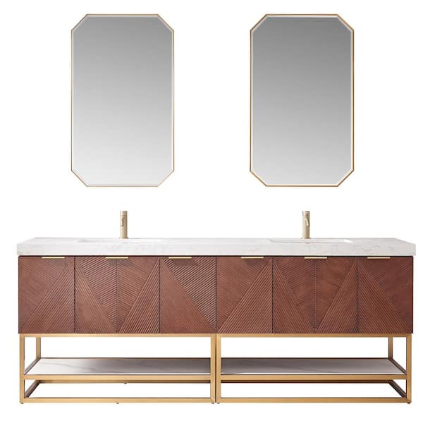 ROSWELL Mahon 84 in.W x 22 in.D x 33.9 in.H Double Sink Bath Vanity in Walnut with White Grain Composite Stone Top and Mirror