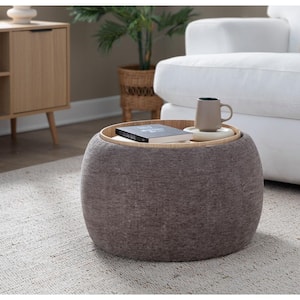 Tray Pouf Natural Wood and Brown Fabric Ottoman